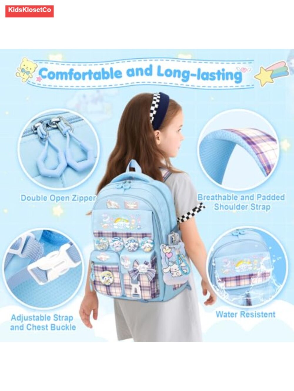 Anti-Theft Kids Backpack with 24 Pcs Accessories, School Bookbag for Girls, - Picture 4 of 5